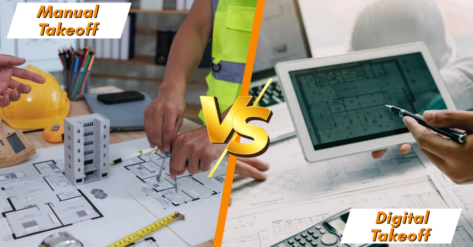 Side-by-side comparison of manual takeoff with paper blueprints and scale tools versus digital takeoff on a tablet for construction estimating.