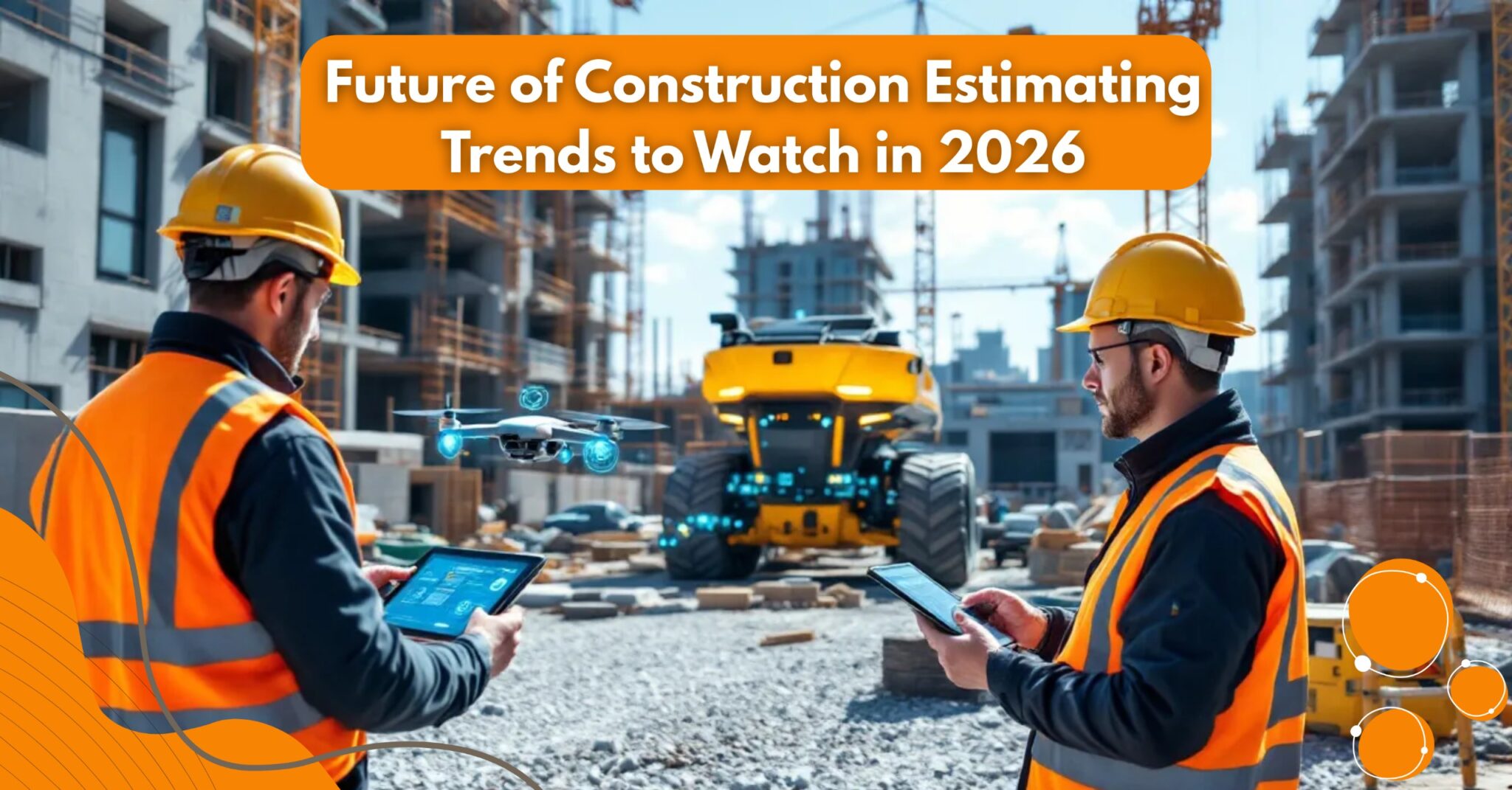 Engineers using tablets and drone on a construction site, showcasing future construction estimating trends 2026.