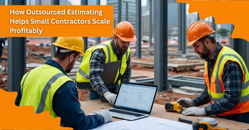 Construction workers reviewing plans and using a laptop on-site to manage estimating tasks and project details