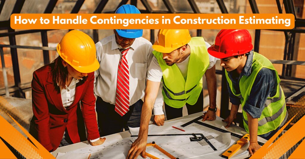 Team of construction experts reviewing blueprints, planning cost control, and managing contingencies effectively.