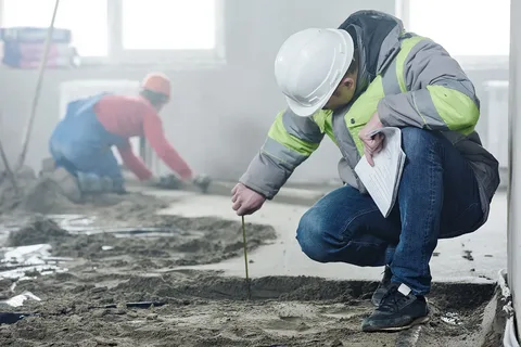 Construction foreman measuring the depth of wet concrete on a newly poured floor slab during a site inspection and estimating.