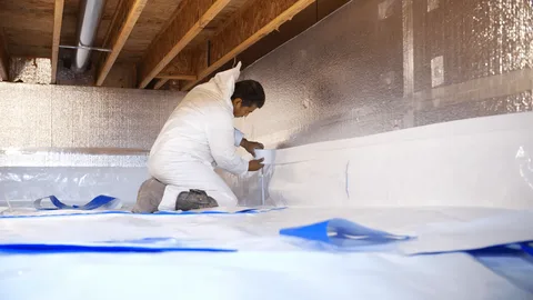 Worker in a white suit installing a white moisture barrier and silver insulation in a crawl space or basement for thermal and moisture protection.