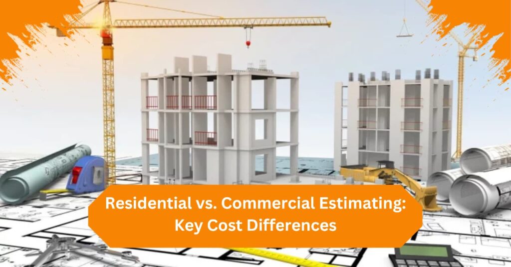 Construction site with residential and commercial building models, cranes, blueprints, and tools comparing estimating cost differences