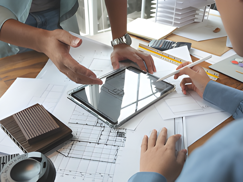 Team reviewing mechanical, electrical, and plumbing plans on tablet, representing ALM Estimating’s MEP estimating services