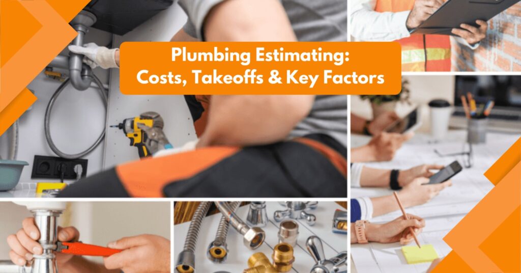 Plumbers working on pipe installations, reviewing digital plans, and assessing plumbing materials for estimating costs, takeoffs, and key project factors.