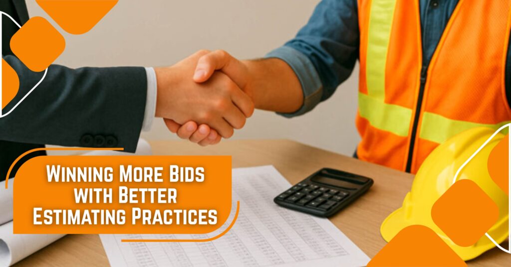 Construction estimator and contractor shaking hands after successful bid, representing accurate cost estimating and improved bidding practices