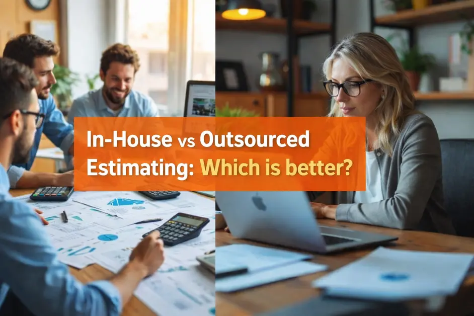 In-house vs outsourced estimating comparison showing a team meeting and a remote estimator working on construction cost analysis