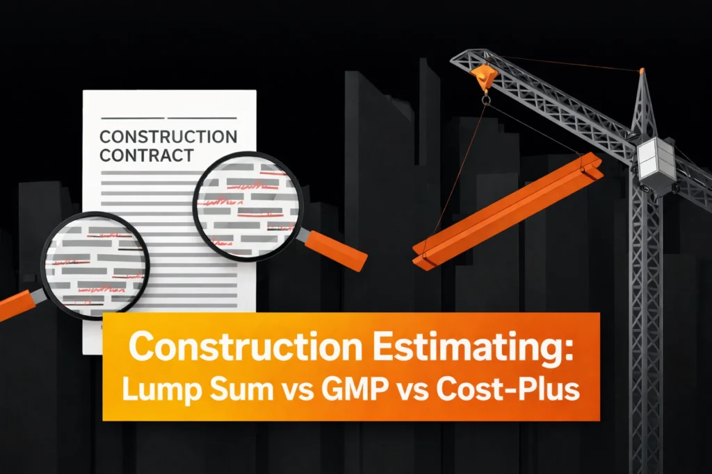 Construction estimating contract with magnifying glasses and crane, highlighting 'Lump Sum vs GMP vs Cost-Plus' estimating.