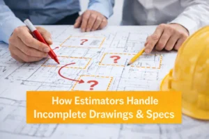 Construction estimators reviewing incomplete drawings with question marks, highlighting missing details