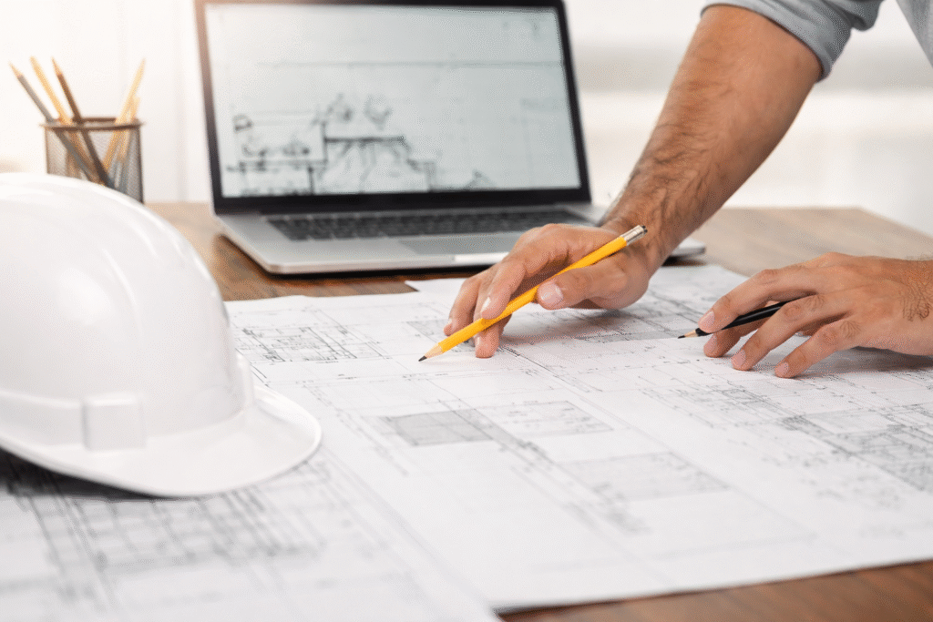 Construction estimator reviewing plans after bid submission with a laptop and hard hat.