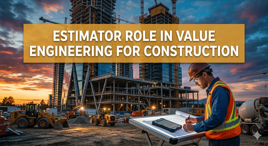 Construction estimator reviewing plans at an illuminated table on a site with modern high-rises at sunset