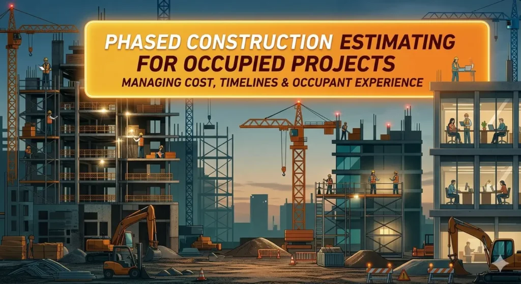 Phased Construction Estimating infographic showing multi-story building development with cranes, excavators, and workers in safety gear.