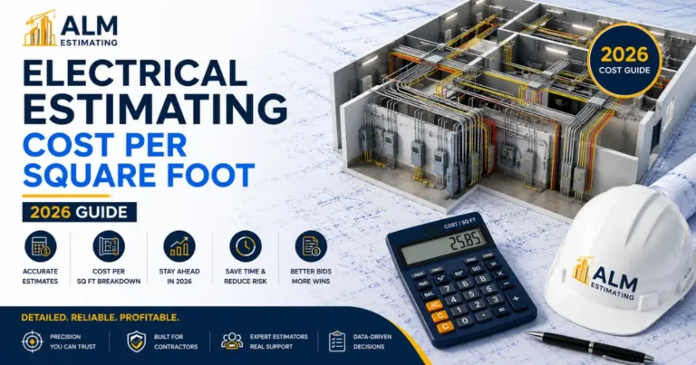 Electrical estimating cost per square foot feature image with wiring systems, blueprints, calculator, and ALM Estimating branding for 2026.