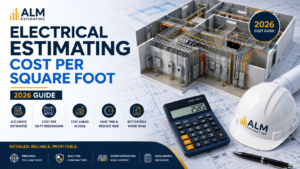 Electrical estimating cost per square foot feature image with wiring systems, blueprints, calculator, and ALM Estimating branding