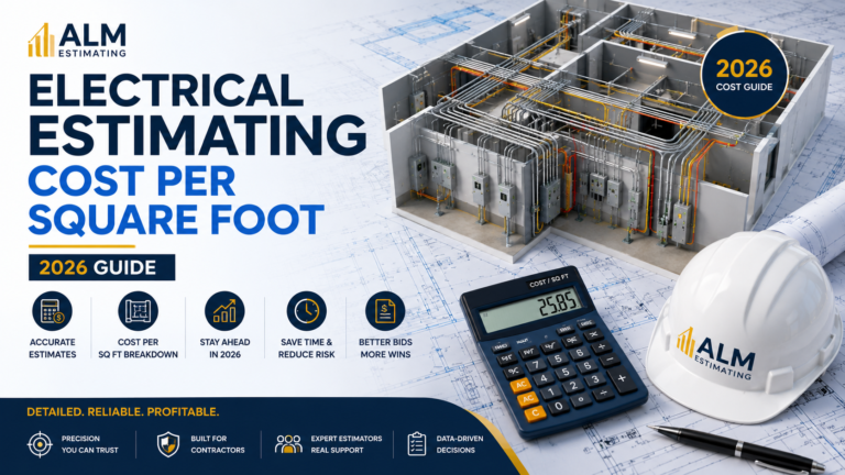 Electrical estimating cost per square foot feature image with wiring systems, blueprints, calculator, and ALM Estimating branding