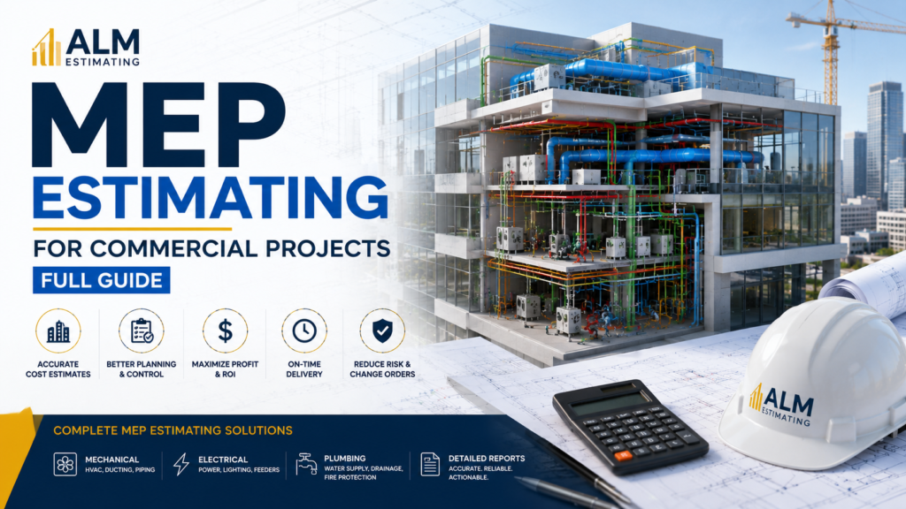 Commercial MEP estimating feature image showing BIM building systems, blueprints, contractor tools, and ALM Estimating branding for projects.