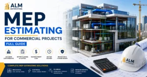 Commercial MEP estimating feature image showing BIM building systems, blueprints, contractor tools, and ALM Estimating branding for projects.