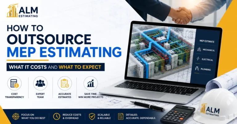 Feature image for outsourcing MEP estimating services showing BIM model, laptop, blueprints, contractor tools, and ALM Estimating branding.