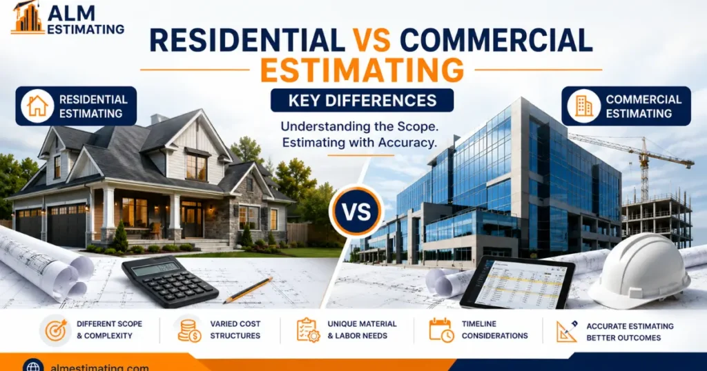 Residential vs commercial estimating comparison showing house and office building construction cost analysis differences