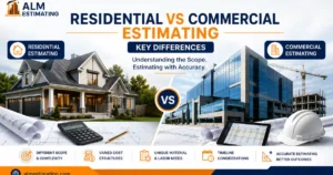 Residential vs commercial estimating comparison showing house and office building construction cost analysis differences