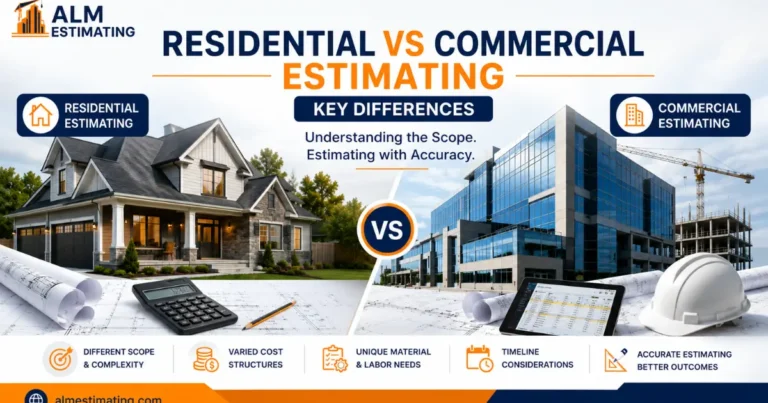 Residential vs commercial estimating comparison showing house and office building construction cost analysis differences