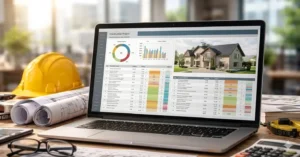 Best construction estimating software dashboard on a laptop with blueprints and a hard hat on a desk.