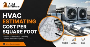 HVAC Estimating Cost Per Square Foot feature image with ALM Estimating branding, HVAC systems, and blueprint layout design