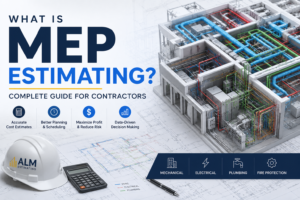 MEP estimating blog feature image showing mechanical, electrical, and plumbing systems with BIM model, blueprints, calculator, and contractor tools.