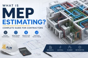 MEP estimating blog feature image showing mechanical, electrical, and plumbing systems with BIM model, blueprints, calculator, and contractor tools.