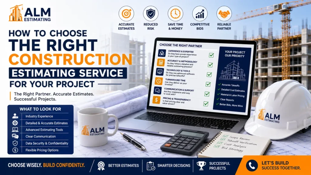Construction estimating service feature image with contractor bid planning, takeoff software, and ALM branding.