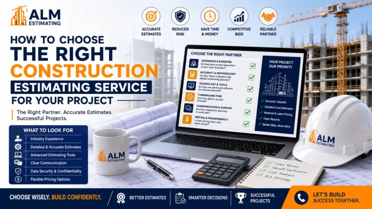 Construction estimating service feature image with contractor bid planning, takeoff software, and ALM branding.