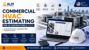 Commercial HVAC estimating feature image with rooftop HVAC systems, contractor cost analysis, and ALM Estimating branding.
