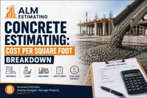 Concrete estimating cost per square foot breakdown with ALM Estimating branding, construction site and calculator.