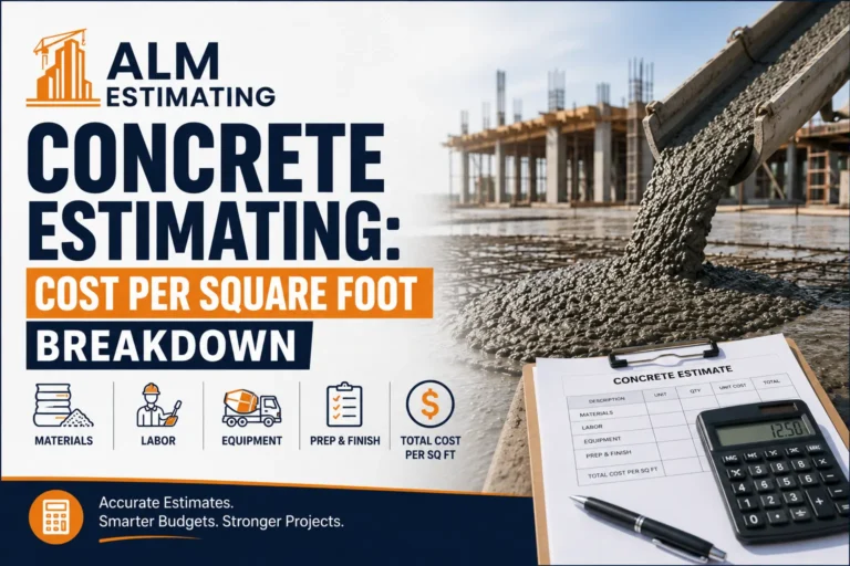 Concrete estimating cost per square foot breakdown with ALM Estimating branding, construction site and calculator.