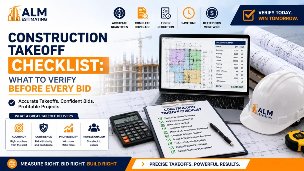 Construction takeoff checklist feature image with bid verification steps, estimating tools, and ALM Estimating branding.