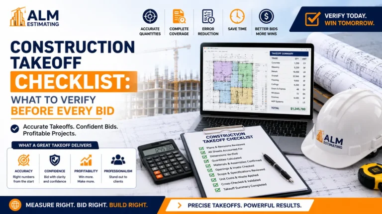 Construction takeoff checklist feature image with bid verification steps, estimating tools, and ALM Estimating branding.