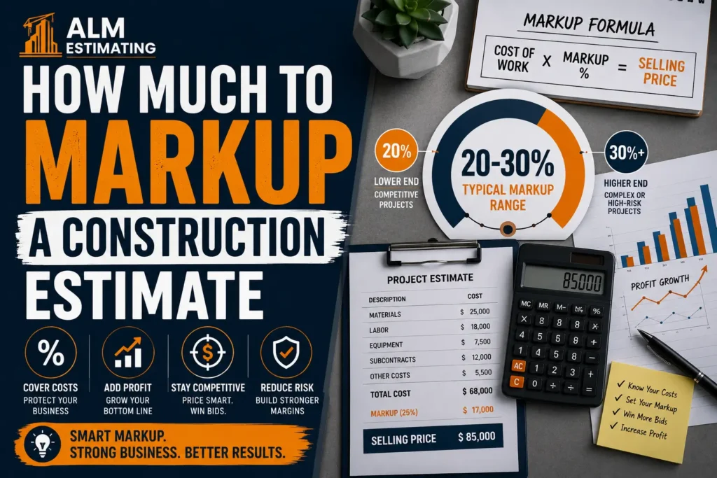 Construction estimate markup guide with profit chart, calculator, pricing formula and ALM Estimating branding