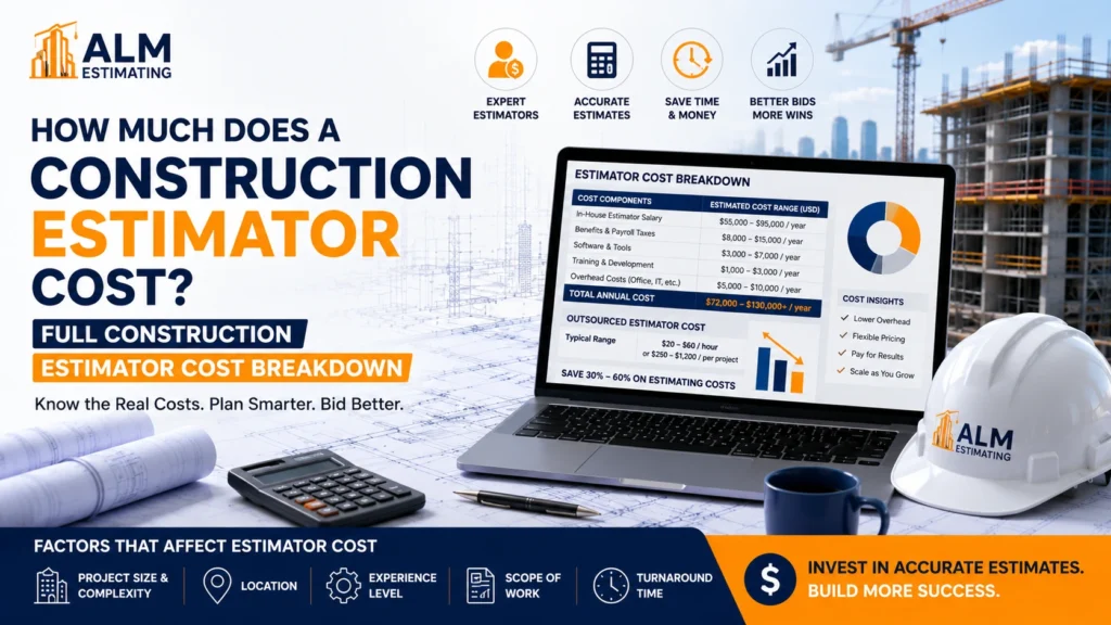 Construction estimator cost breakdown feature image with pricing dashboard, bid analysis tools, and ALM Estimating branding.