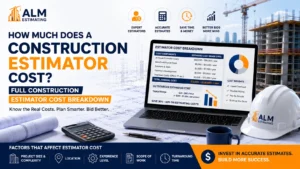 Construction estimator cost breakdown feature image with pricing dashboard, bid analysis tools, and ALM Estimating branding.