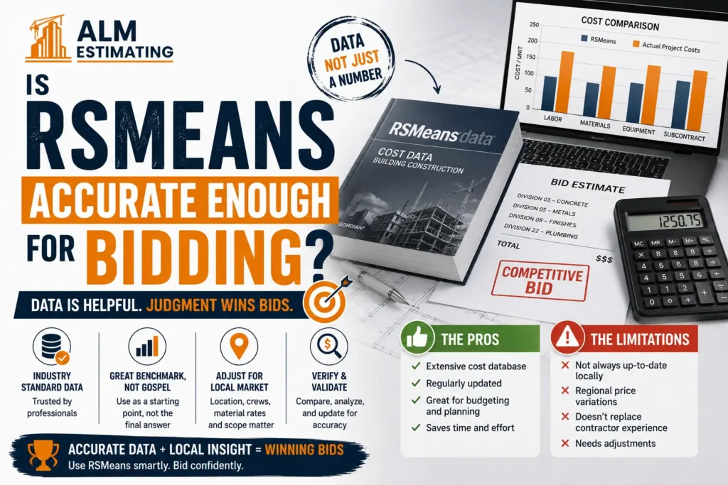 RSMeans bidding accuracy guide with cost comparison charts, estimate sheets and ALM Estimating branding