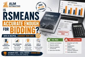 RSMeans bidding accuracy guide with cost comparison charts, estimate sheets and ALM Estimating branding