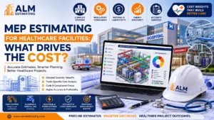 Healthcare MEP estimating feature image with hospital systems, BIM cost analysis, and ALM Estimating branding