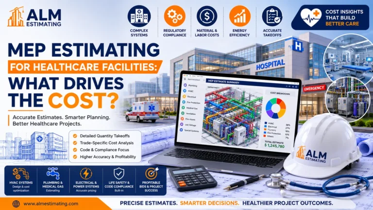 Healthcare MEP estimating feature image with hospital systems, BIM cost analysis, and ALM Estimating branding