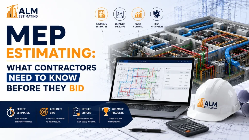 MEP estimating feature image with contractor bid planning, BIM systems, digital takeoff software, and ALM Estimating branding