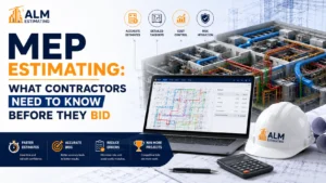 MEP estimating feature image with contractor bid planning, BIM systems, digital takeoff software, and ALM Estimating branding