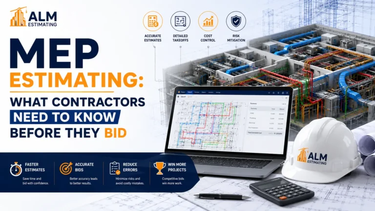 MEP estimating feature image with contractor bid planning, BIM systems, digital takeoff software, and ALM Estimating branding