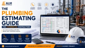 Commercial plumbing estimating feature image with piping systems, takeoff software, bid planning, and ALM branding