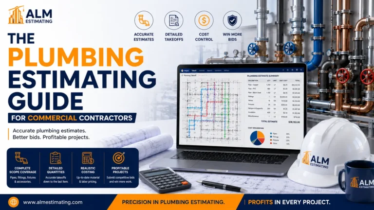 Commercial plumbing estimating feature image with piping systems, takeoff software, bid planning, and ALM branding