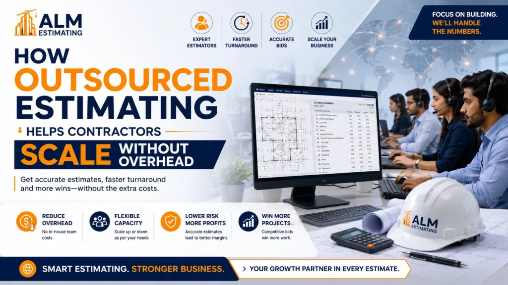 Outsourced estimating feature image showing contractor bid support, estimating team, digital takeoff, and ALM branding.
