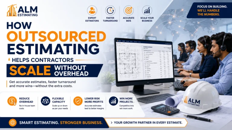 Outsourced estimating feature image showing contractor bid support, estimating team, digital takeoff, and ALM branding.